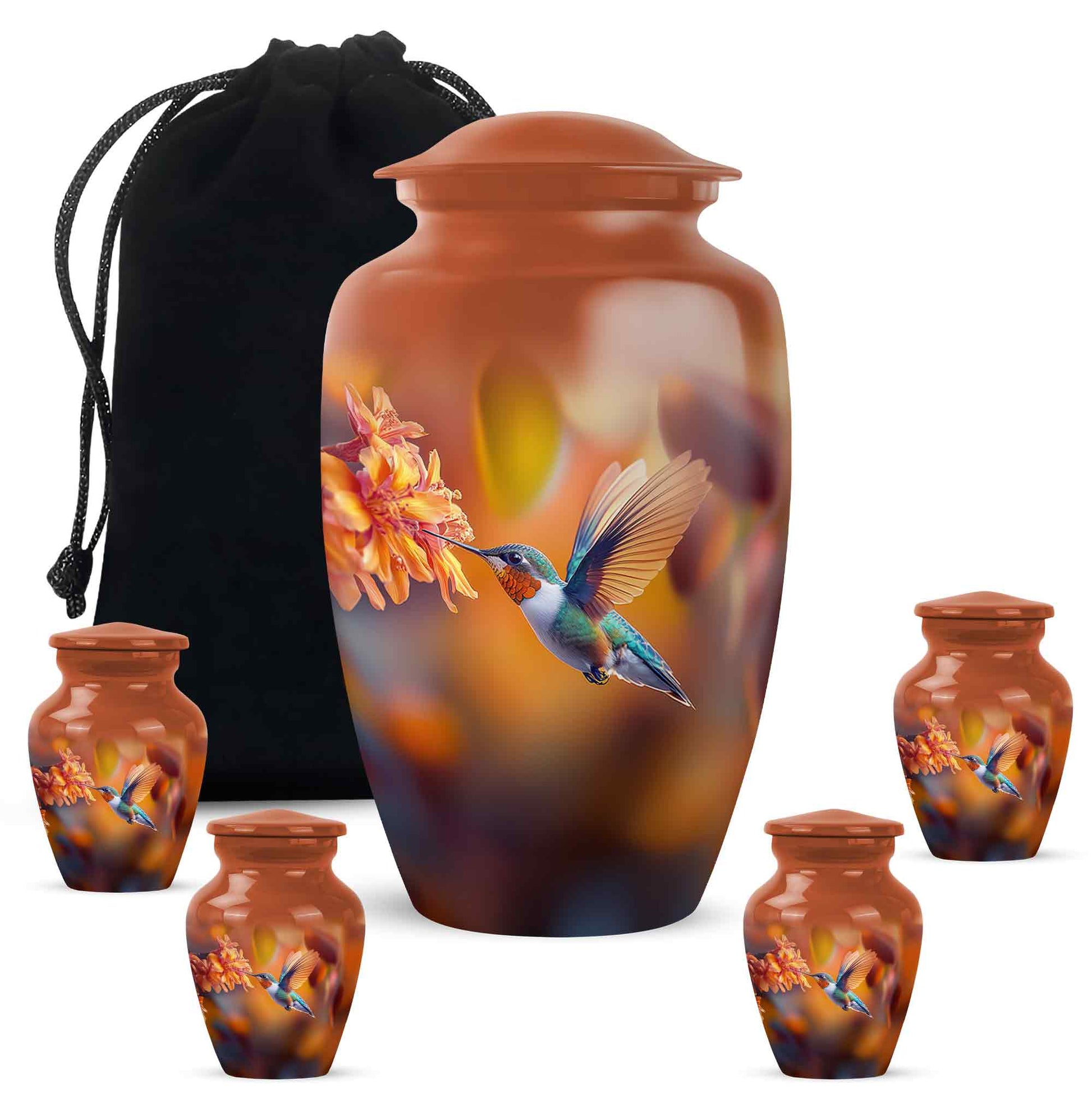 Champagne Gold Hummingbird Cremation Urn top-down view of secure threaded lid - timeless hummingbird motif etched into premium metal - memorial set with one large and four small urns