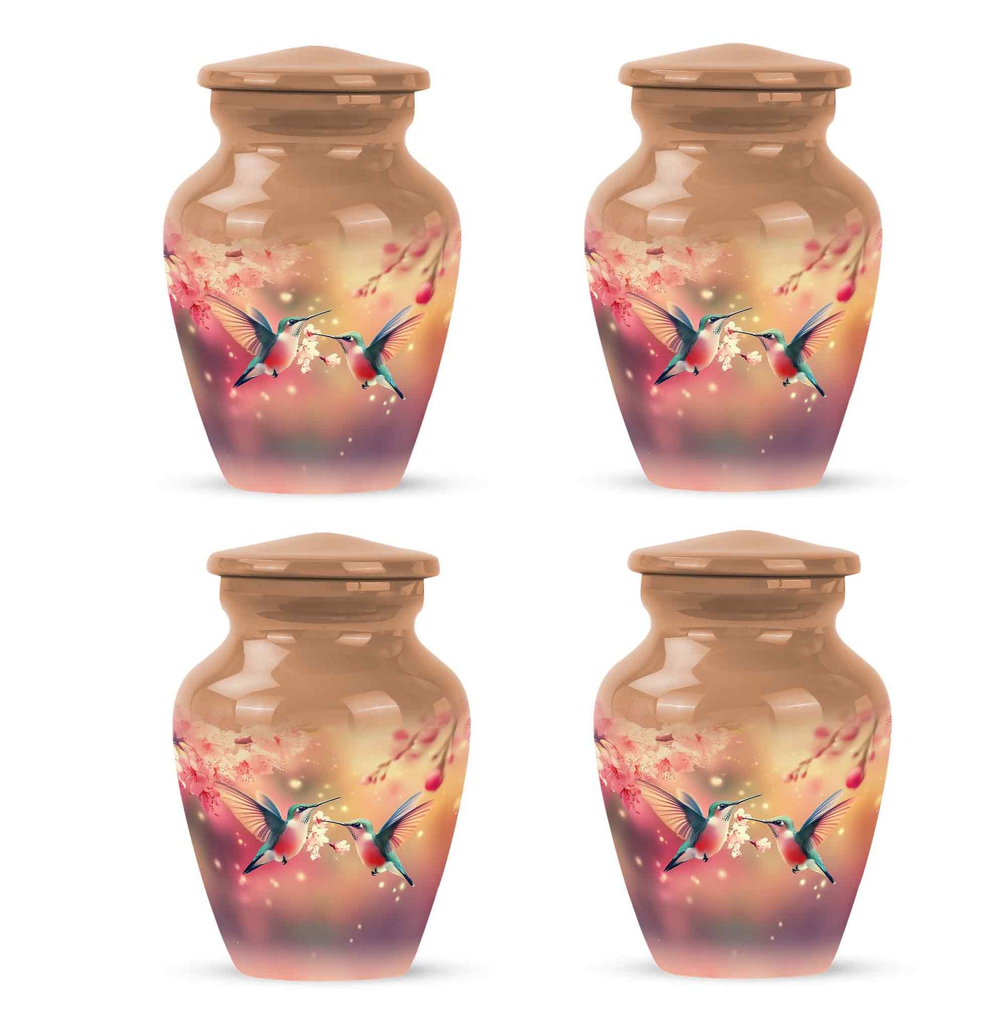 Antique Gold Hummingbird Cremation Urn side profile showing urn shape - classic sculpted hummingbird pattern on smooth aluminum - 10 inch aluminum urn for cremated remains