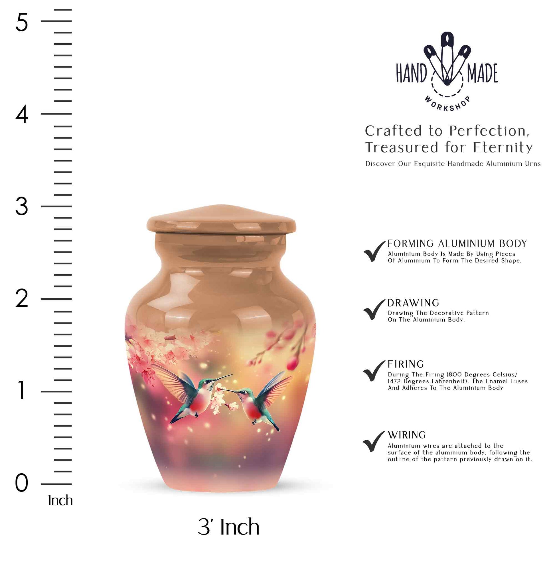 Burnished Gold Hummingbird Cremation Urn close-up of engraving and surface detail - traditional hummingbird engraving with hand-polished finish - mini keepsake memorial for portion of cremation ashes