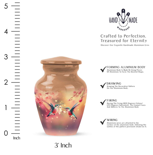 Burnished Gold Hummingbird Cremation Urn close-up of engraving and surface detail - traditional hummingbird engraving with hand-polished finish - mini keepsake memorial for portion of cremation ashes