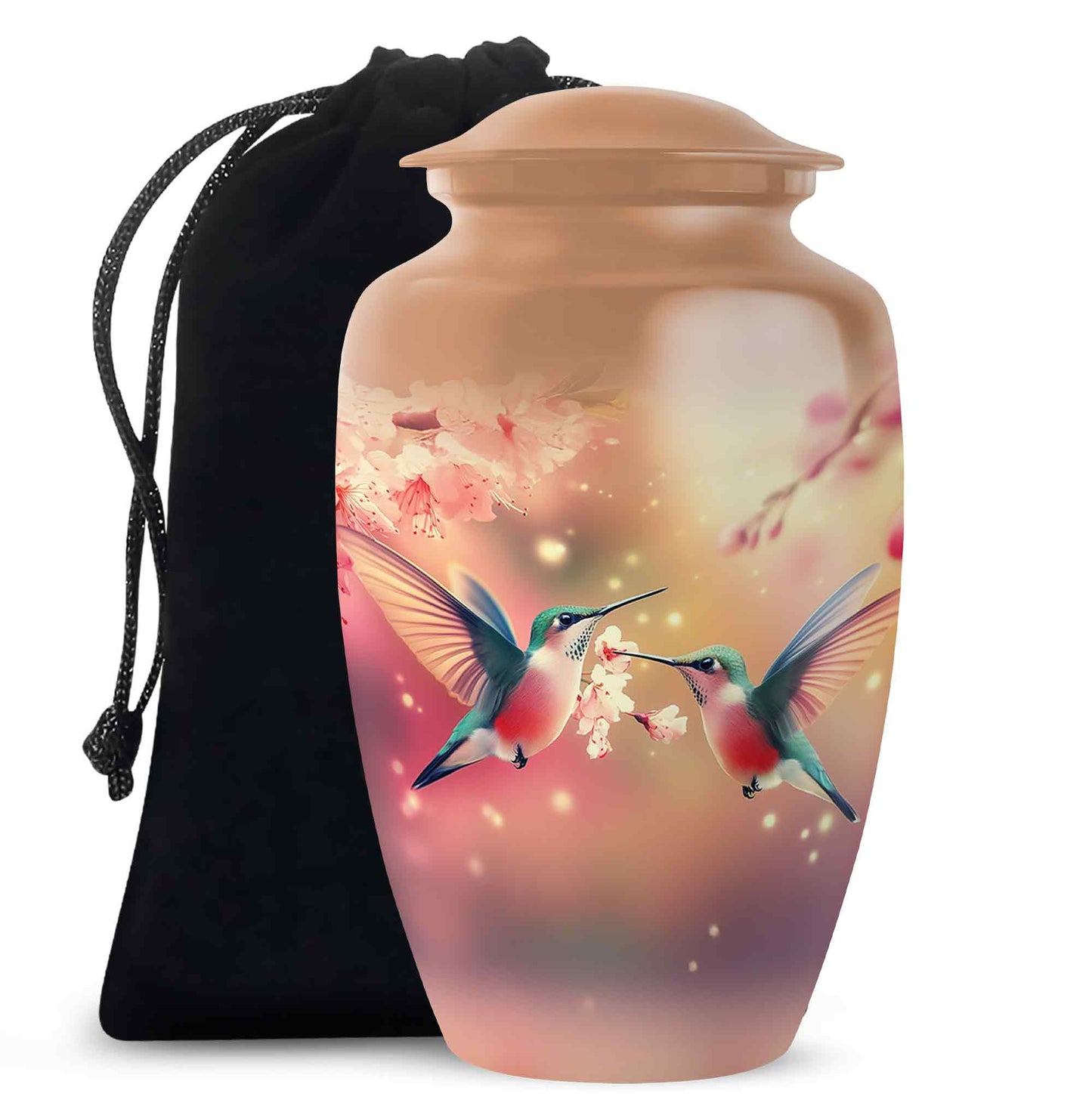 Warm Gold Hummingbird Cremation Urn angled view of lid and engraved motif - elegant classic hummingbird relief with fine detailing - full-size 10 inch 200 cubic inch adult cremation urn