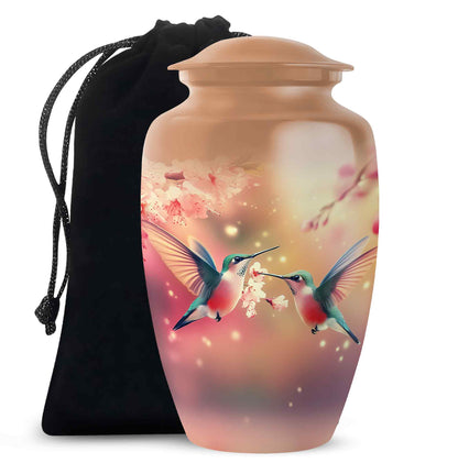 Warm Gold Hummingbird Cremation Urn angled view of lid and engraved motif - elegant classic hummingbird relief with fine detailing - full-size 10 inch 200 cubic inch adult cremation urn