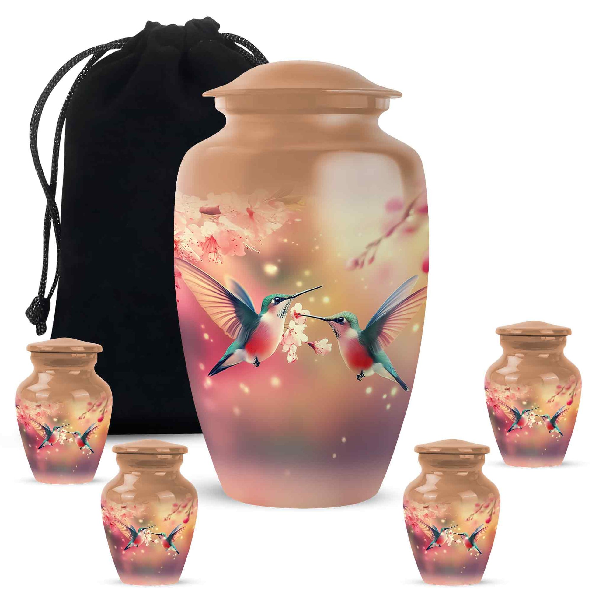 Champagne Gold Hummingbird Cremation Urn top-down view of secure threaded lid - classic sculpted hummingbird pattern on smooth aluminum - memorial set with one large and four small urns