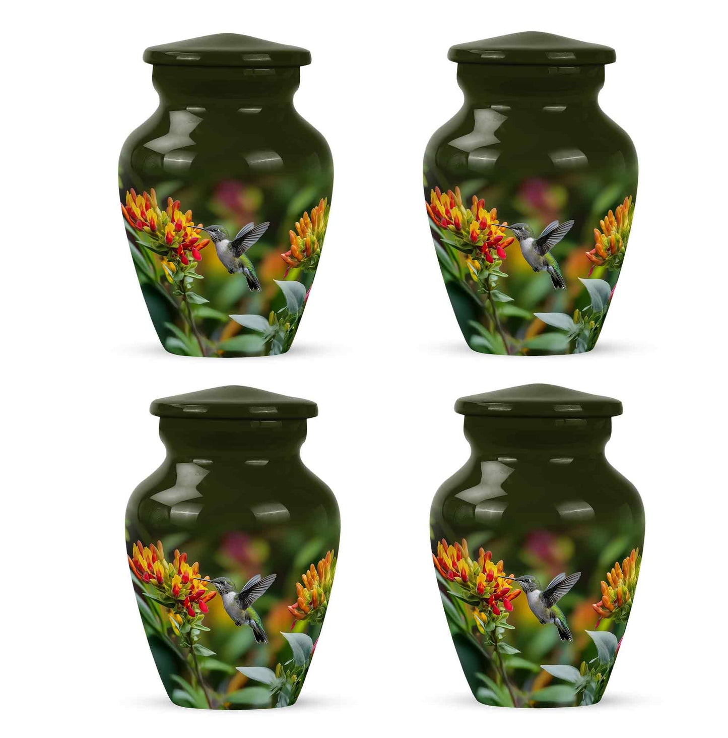 Buttercup Yellow Hummingbird Cremation Urn side profile showing urn shape - timeless hummingbird motif etched into premium metal - 10 inch aluminum urn for cremated remains