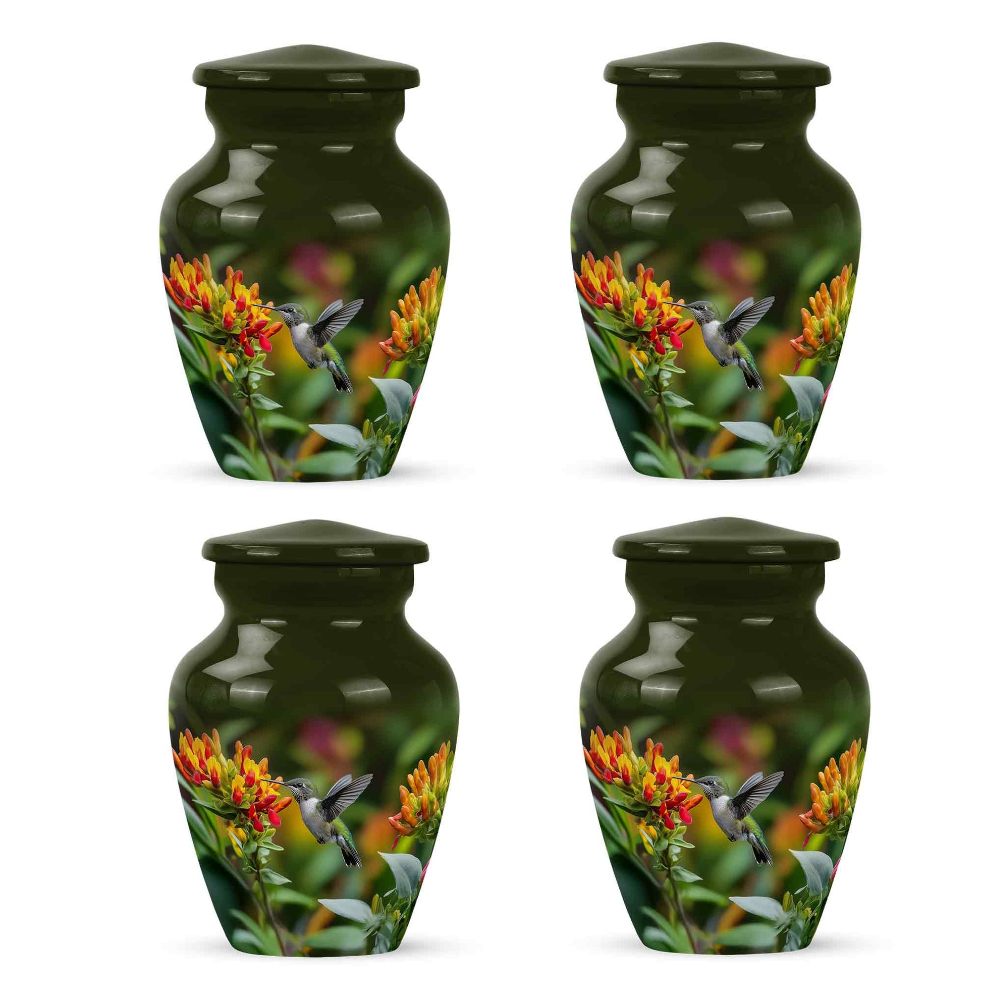 Buttercup Yellow Hummingbird Cremation Urn side profile showing urn shape - timeless hummingbird motif etched into premium metal - 10 inch aluminum urn for cremated remains