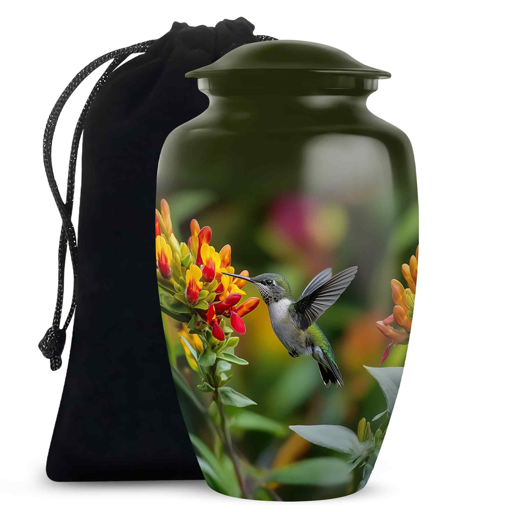 Marigold Yellow Hummingbird Cremation Urn angled view of lid and engraved motif - traditional hummingbird engraving with hand-polished finish - full-size 10 inch 200 cubic inch adult cremation urn