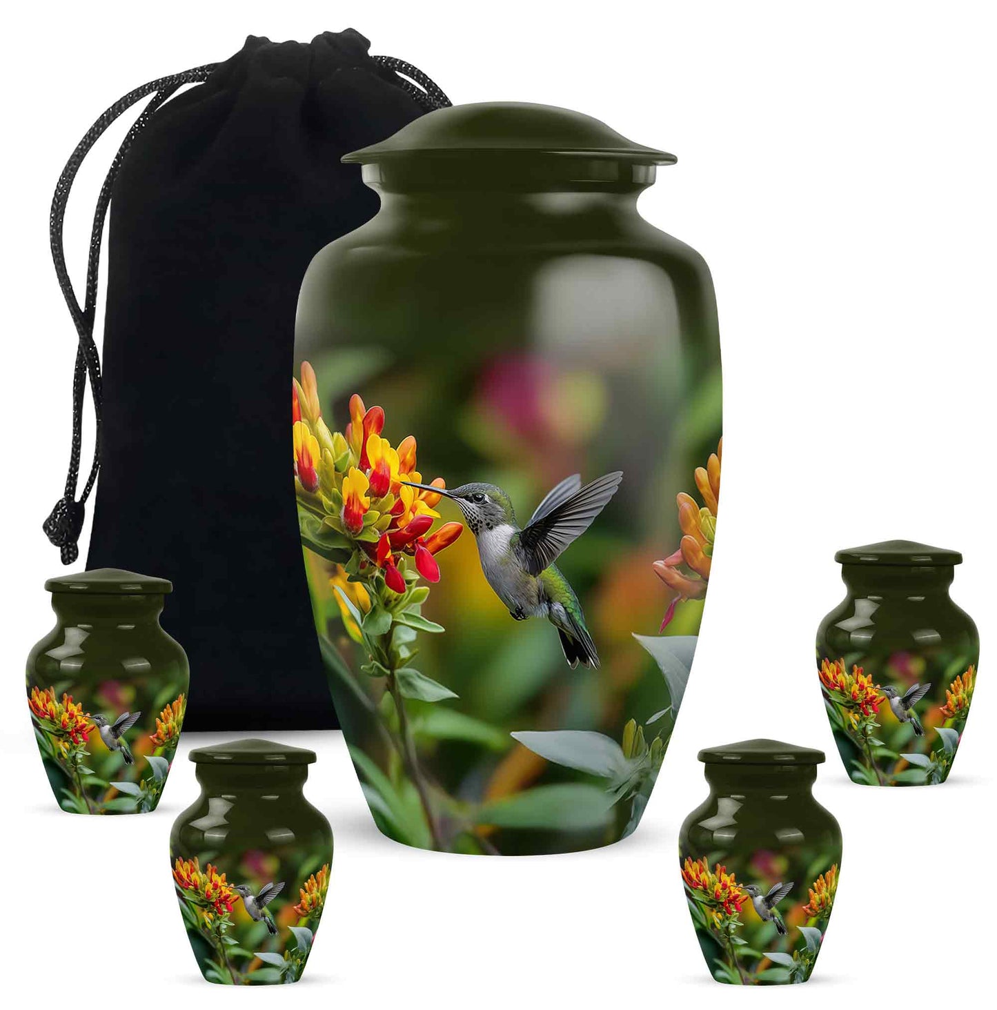 Soft Yellow Hummingbird Cremation Urn top-down view of secure threaded lid - elegant classic hummingbird relief with fine detailing - memorial set with one large and four small urns