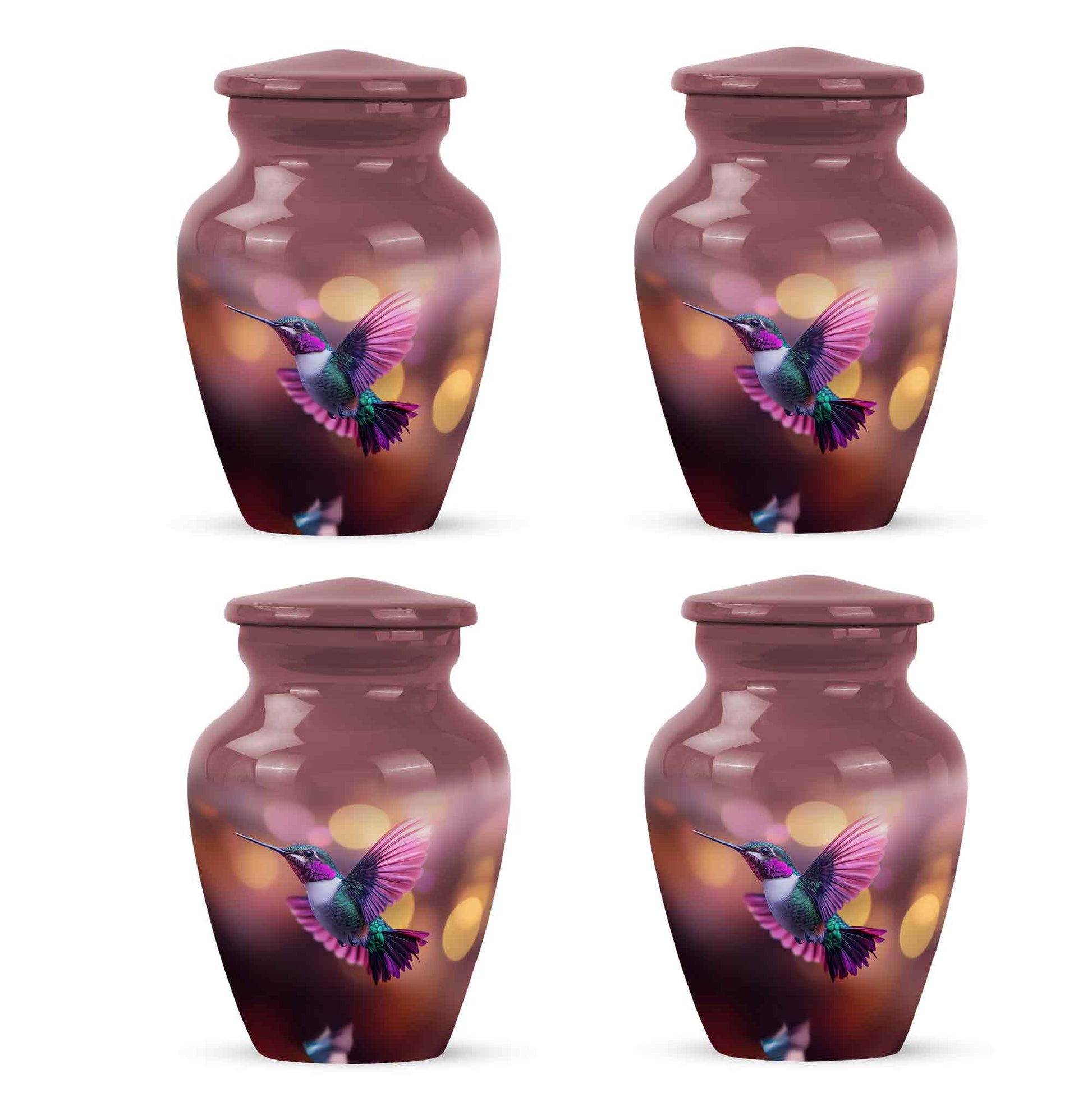 Rich Red Hummingbird Cremation Urn side profile showing urn shape - traditional hummingbird engraving with hand-polished finish - 10 inch aluminum urn for cremated remains
