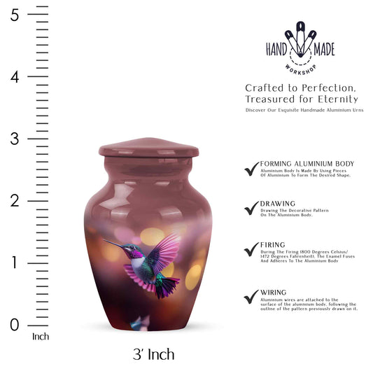 Rich Red Hummingbird Cremation Urn close-up of engraving and surface detail - traditional hummingbird engraving with hand-polished finish - mini keepsake memorial for portion of cremation ashes