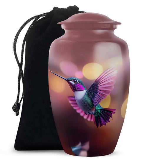 Deep Red Hummingbird Cremation Urn angled view of lid and engraved motif - timeless hummingbird motif etched into premium metal - full-size 10 inch 200 cubic inch adult cremation urn