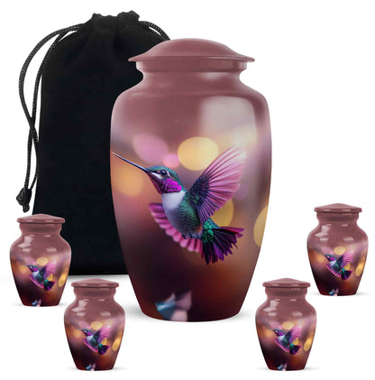 Deep Red Hummingbird Cremation Urn top-down view of secure threaded lid - timeless hummingbird motif etched into premium metal - memorial set with one large and four small urns