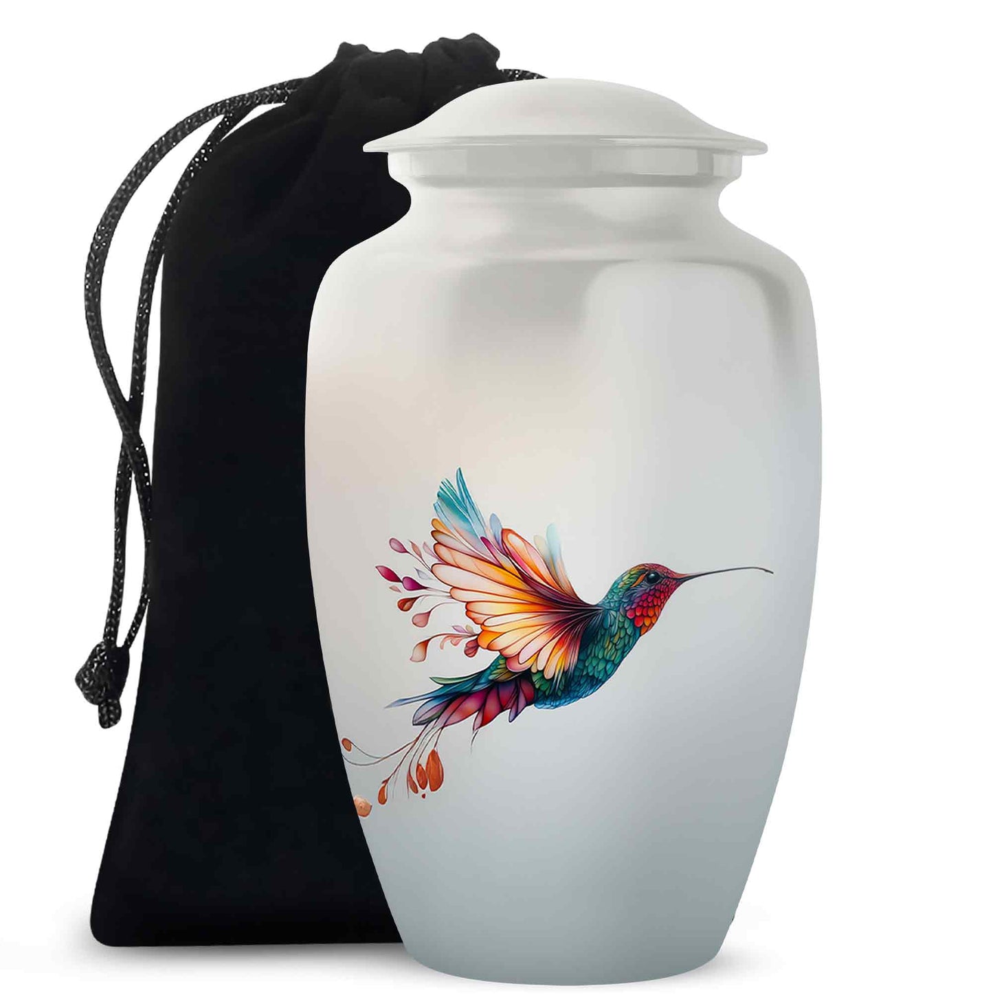 Chrome Silver Hummingbird Cremation Urn angled view of lid and engraved motif - traditional hummingbird engraving with hand-polished finish - full-size 10 inch 200 cubic inch adult cremation urn