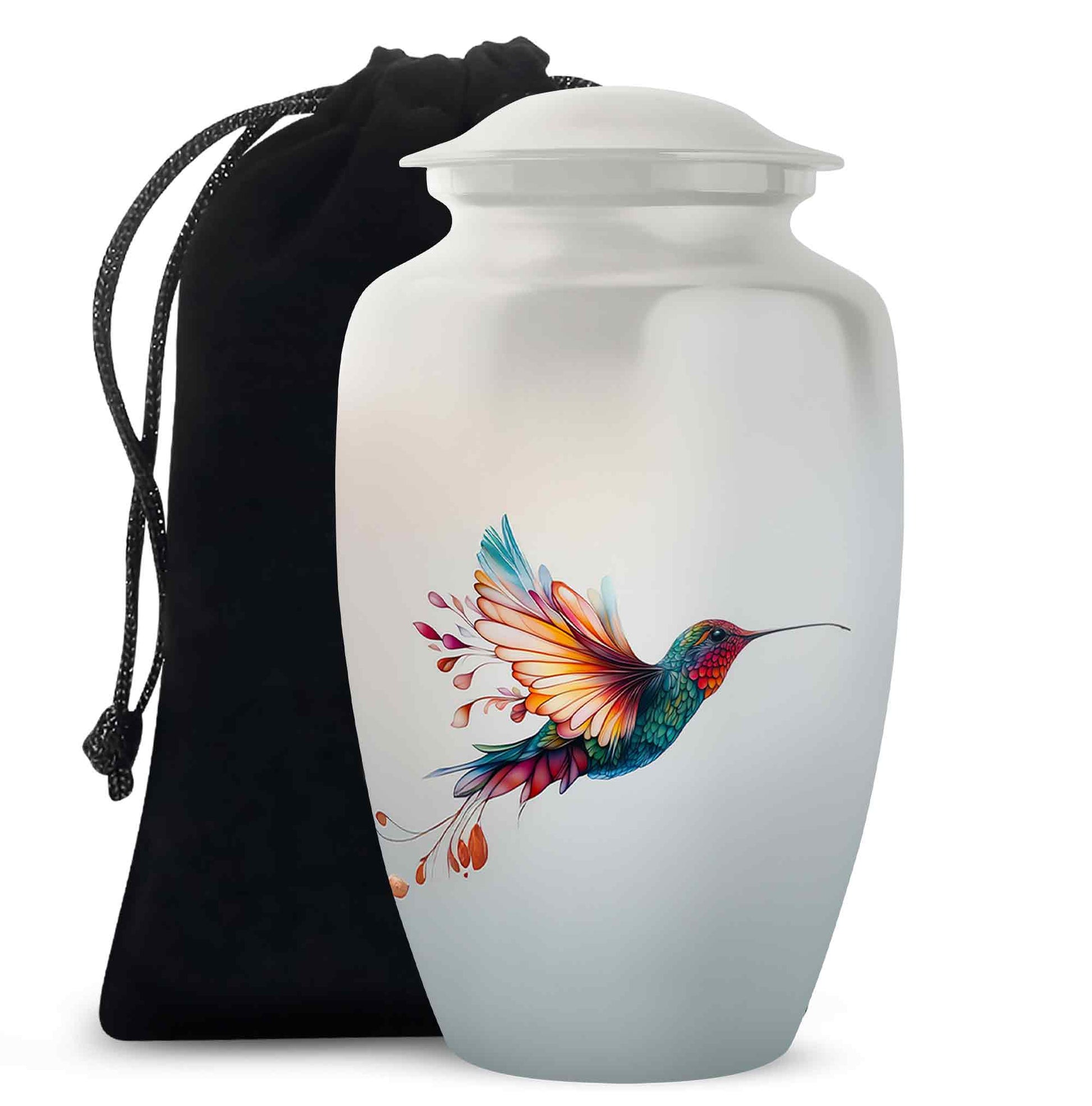Chrome Silver Hummingbird Cremation Urn angled view of lid and engraved motif - traditional hummingbird engraving with hand-polished finish - full-size 10 inch 200 cubic inch adult cremation urn