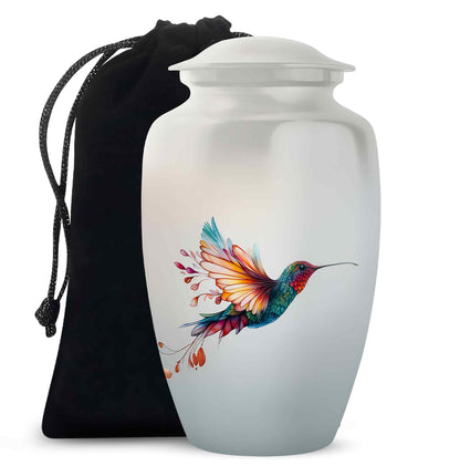 Chrome Silver Hummingbird Cremation Urn angled view of lid and engraved motif - traditional hummingbird engraving with hand-polished finish - full-size 10 inch 200 cubic inch adult cremation urn