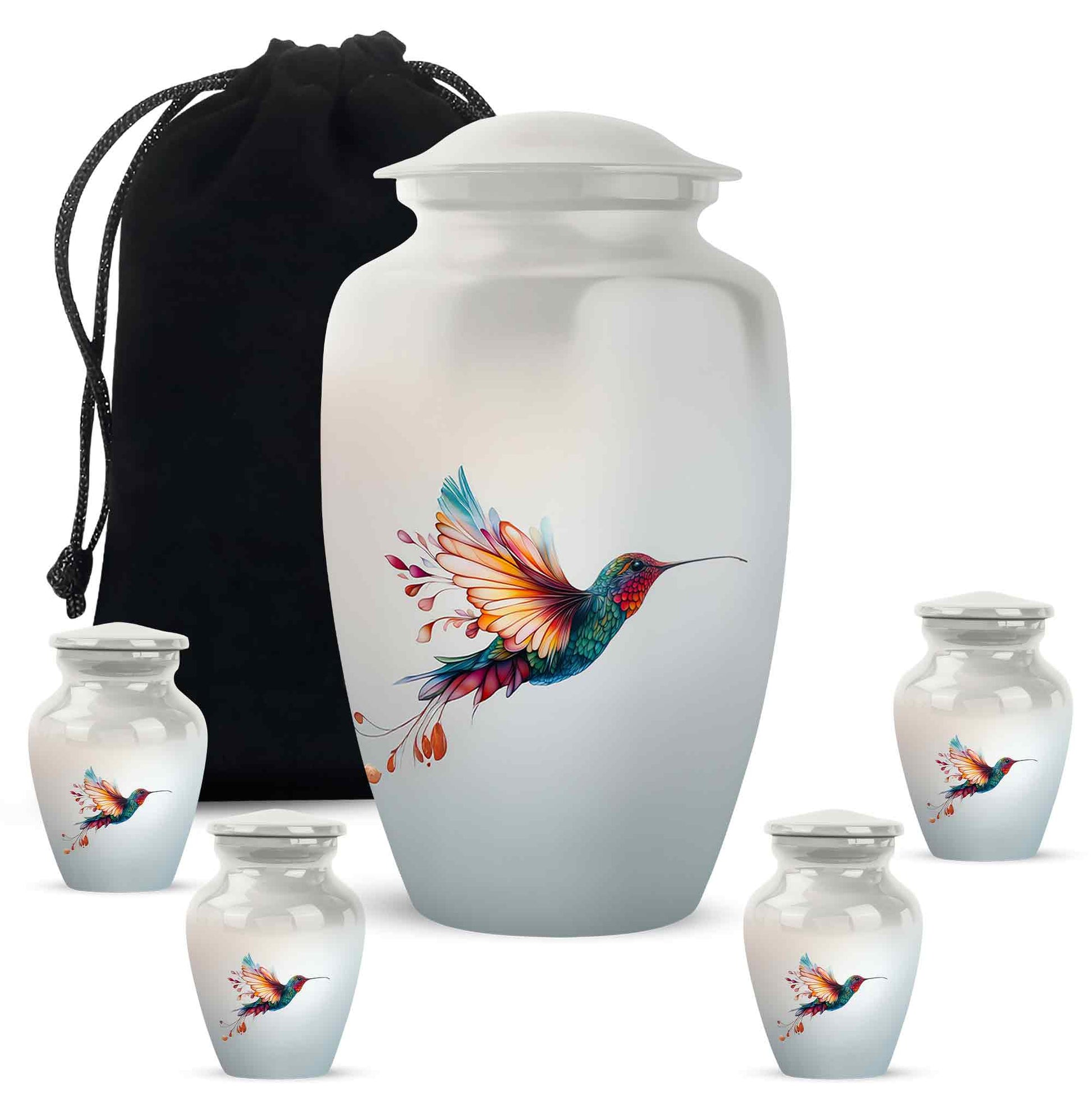 Brushed Silver Hummingbird Cremation Urn top-down view of secure threaded lid - classic sculpted hummingbird pattern on smooth aluminum - memorial set with one large and four small urns