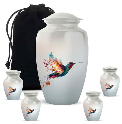 Brushed Silver Hummingbird Cremation Urn top-down view of secure threaded lid - classic sculpted hummingbird pattern on smooth aluminum - memorial set with one large and four small urns