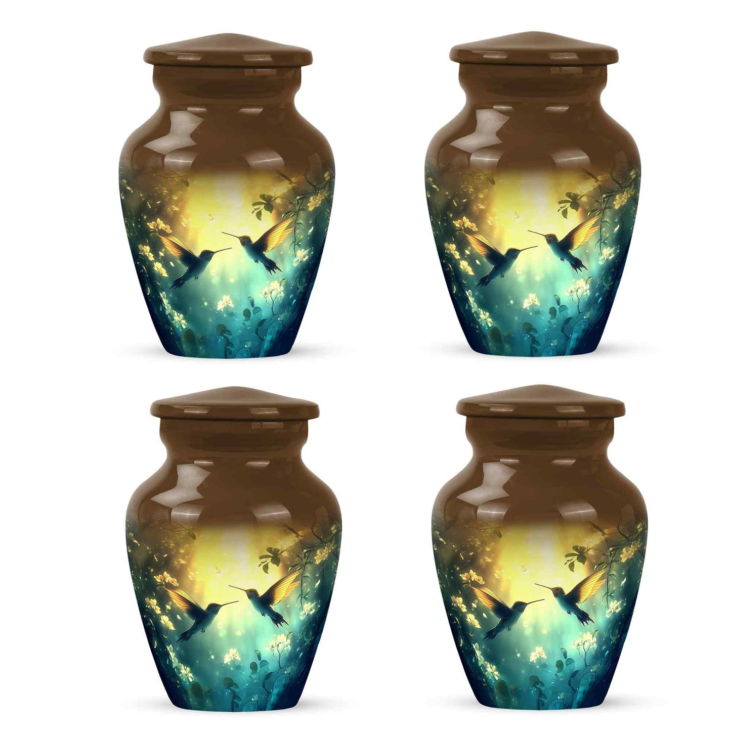 Harvest Gold Hummingbird Cremation Urn side profile showing urn shape - traditional hummingbird engraving with hand-polished finish - 10 inch aluminum urn for cremated remains