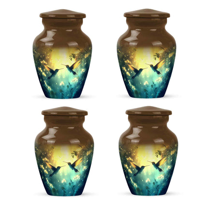 Harvest Gold Hummingbird Cremation Urn side profile showing urn shape - traditional hummingbird engraving with hand-polished finish - 10 inch aluminum urn for cremated remains