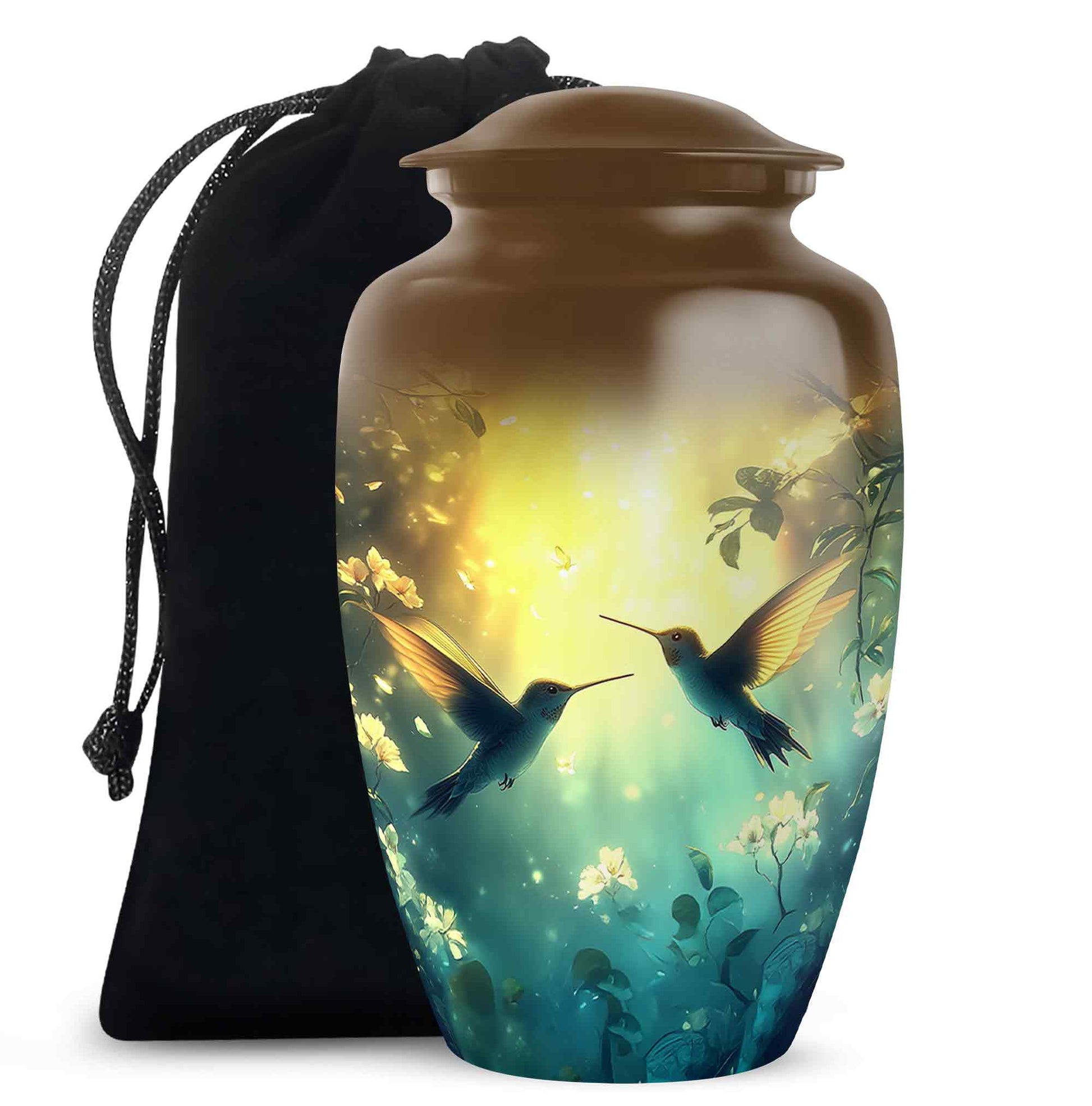 Warm Gold Hummingbird Cremation Urn angled view of lid and engraved motif - traditional hummingbird engraving with hand-polished finish - full-size 10 inch 200 cubic inch adult cremation urn
