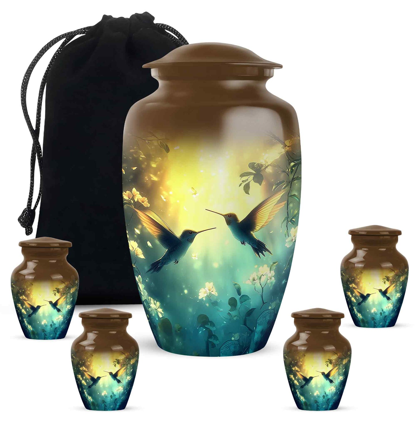 Champagne Gold Hummingbird Cremation Urn top-down view of secure threaded lid - classic sculpted hummingbird pattern on smooth aluminum - memorial set with one large and four small urns