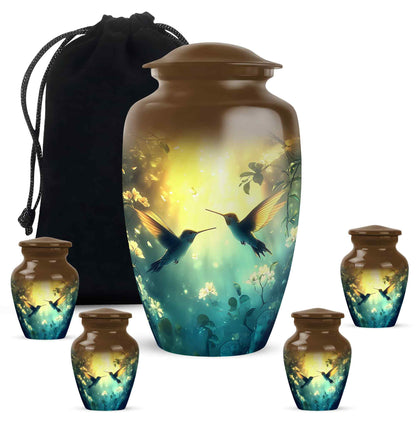 Champagne Gold Hummingbird Cremation Urn top-down view of secure threaded lid - classic sculpted hummingbird pattern on smooth aluminum - memorial set with one large and four small urns