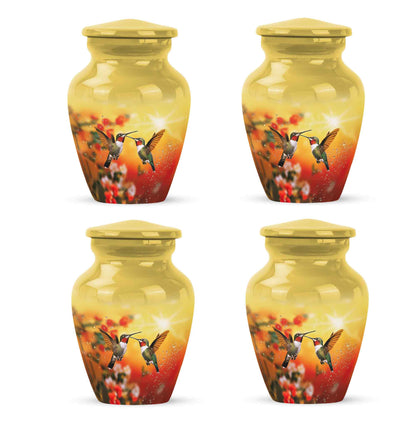 Sunrise Gold Hummingbird Cremation Urn side profile showing urn shape - timeless hummingbird motif etched into premium metal - 10 inch aluminum urn for cremated remains