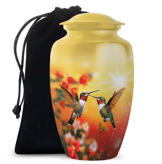 Gilded Gold Hummingbird Cremation Urn angled view of lid and engraved motif - timeless hummingbird motif etched into premium metal - full-size 10 inch 200 cubic inch adult cremation urn