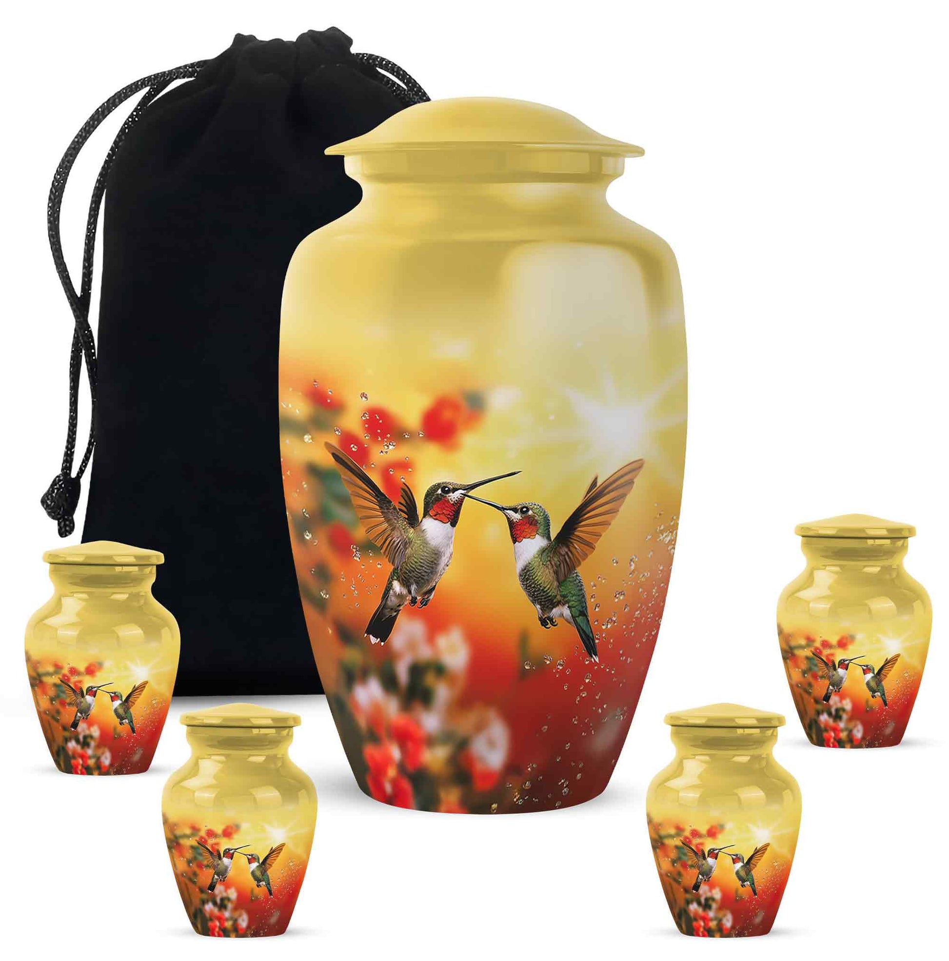 Burnished Gold Hummingbird Cremation Urn top-down view of secure threaded lid - elegant classic hummingbird relief with fine detailing - memorial set with one large and four small urns