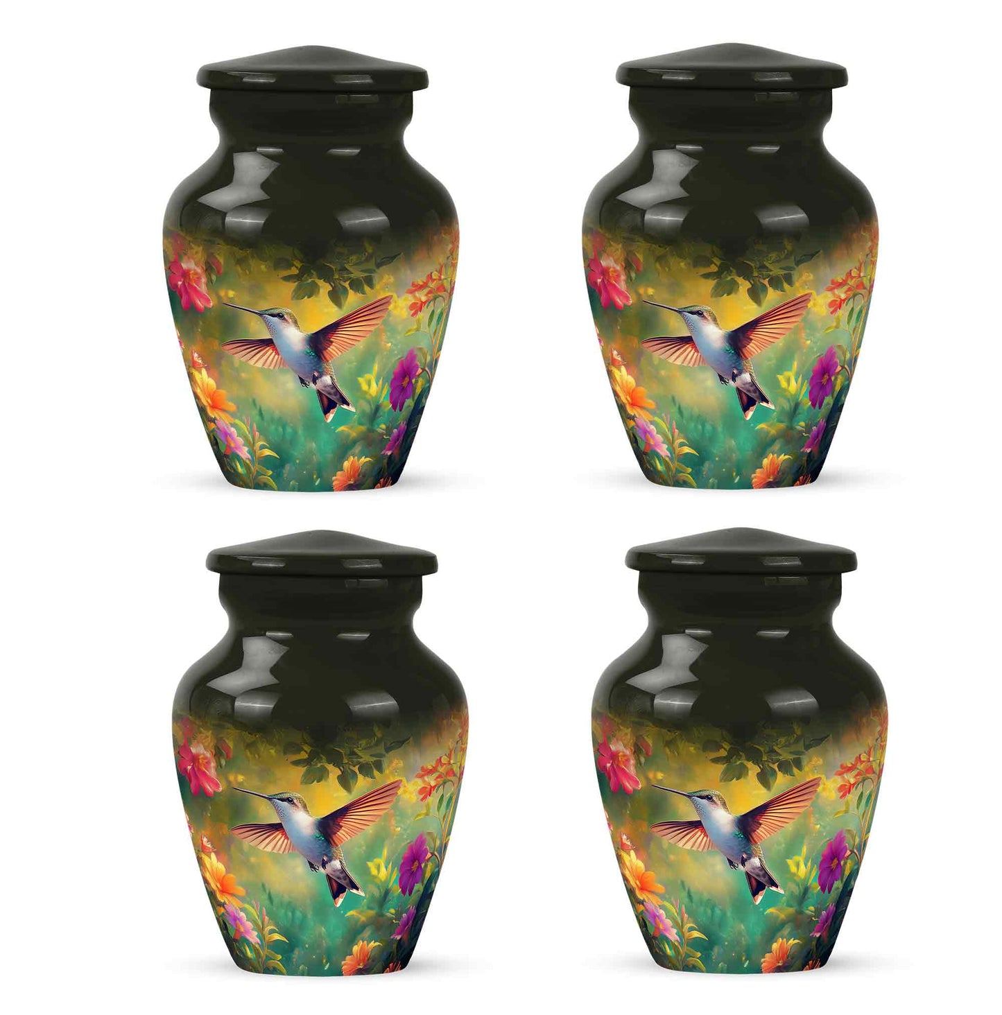 Charcoal Black Hummingbird Cremation Urn side profile showing urn shape - elegant classic hummingbird relief with fine detailing - 10 inch aluminum urn for cremated remains