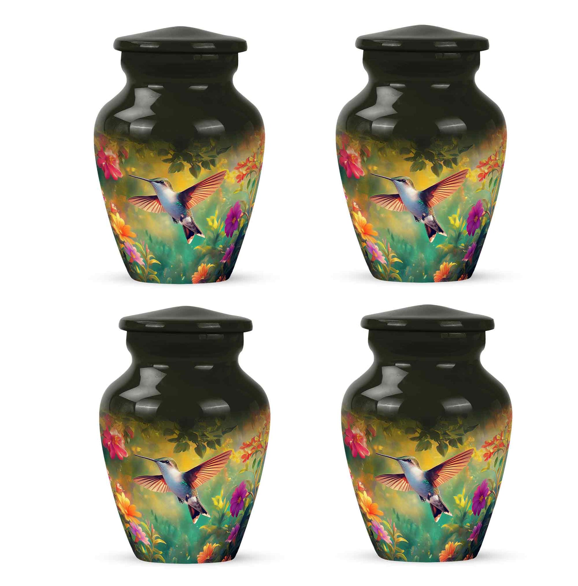 Charcoal Black Hummingbird Cremation Urn side profile showing urn shape - elegant classic hummingbird relief with fine detailing - 10 inch aluminum urn for cremated remains