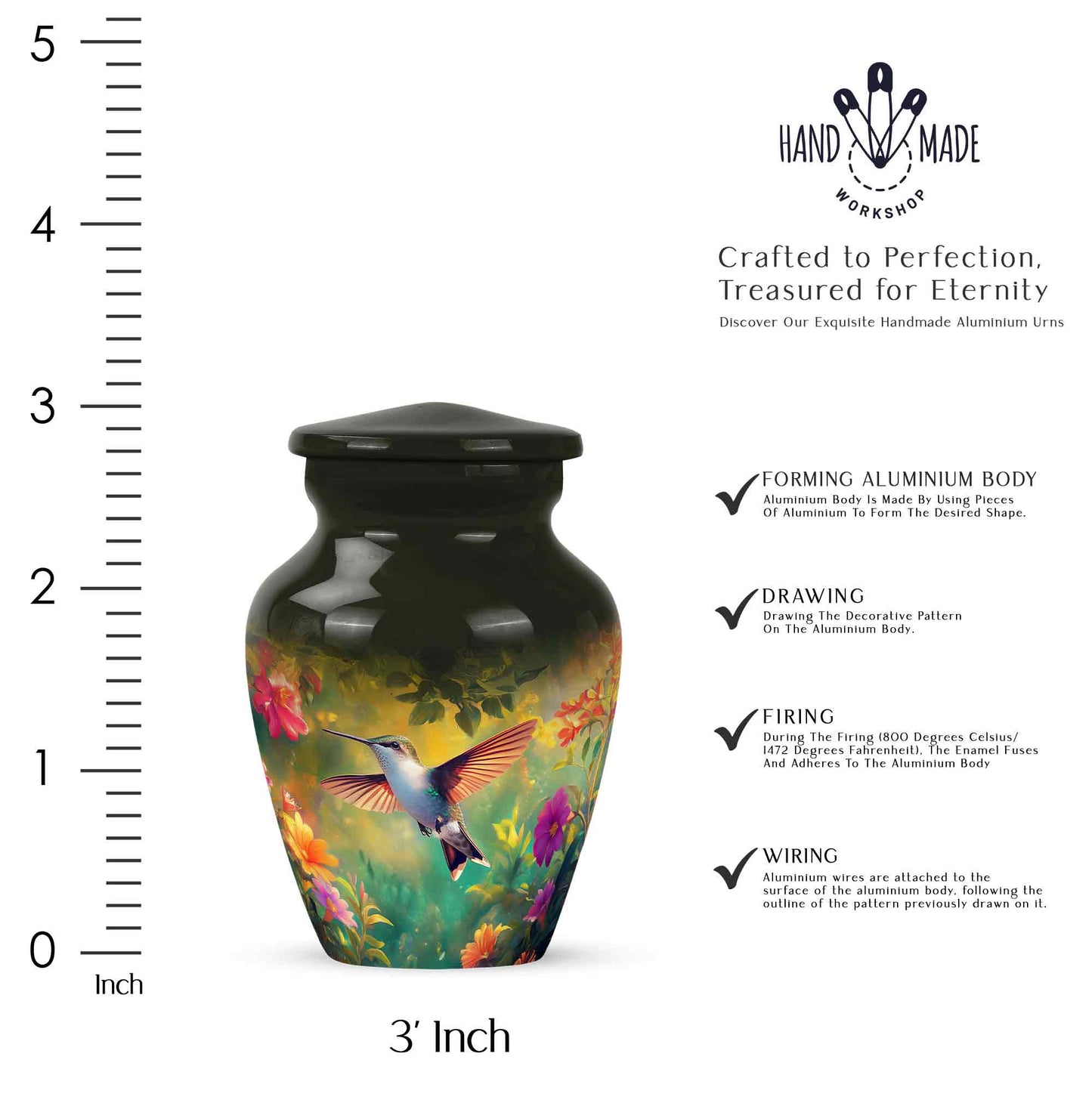 Midnight Black Hummingbird Cremation Urn close-up of engraving and surface detail - elegant classic hummingbird relief with fine detailing - mini keepsake memorial for portion of cremation ashes