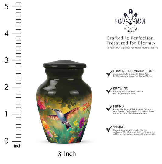 Midnight Black Hummingbird Cremation Urn close-up of engraving and surface detail - elegant classic hummingbird relief with fine detailing - mini keepsake memorial for portion of cremation ashes