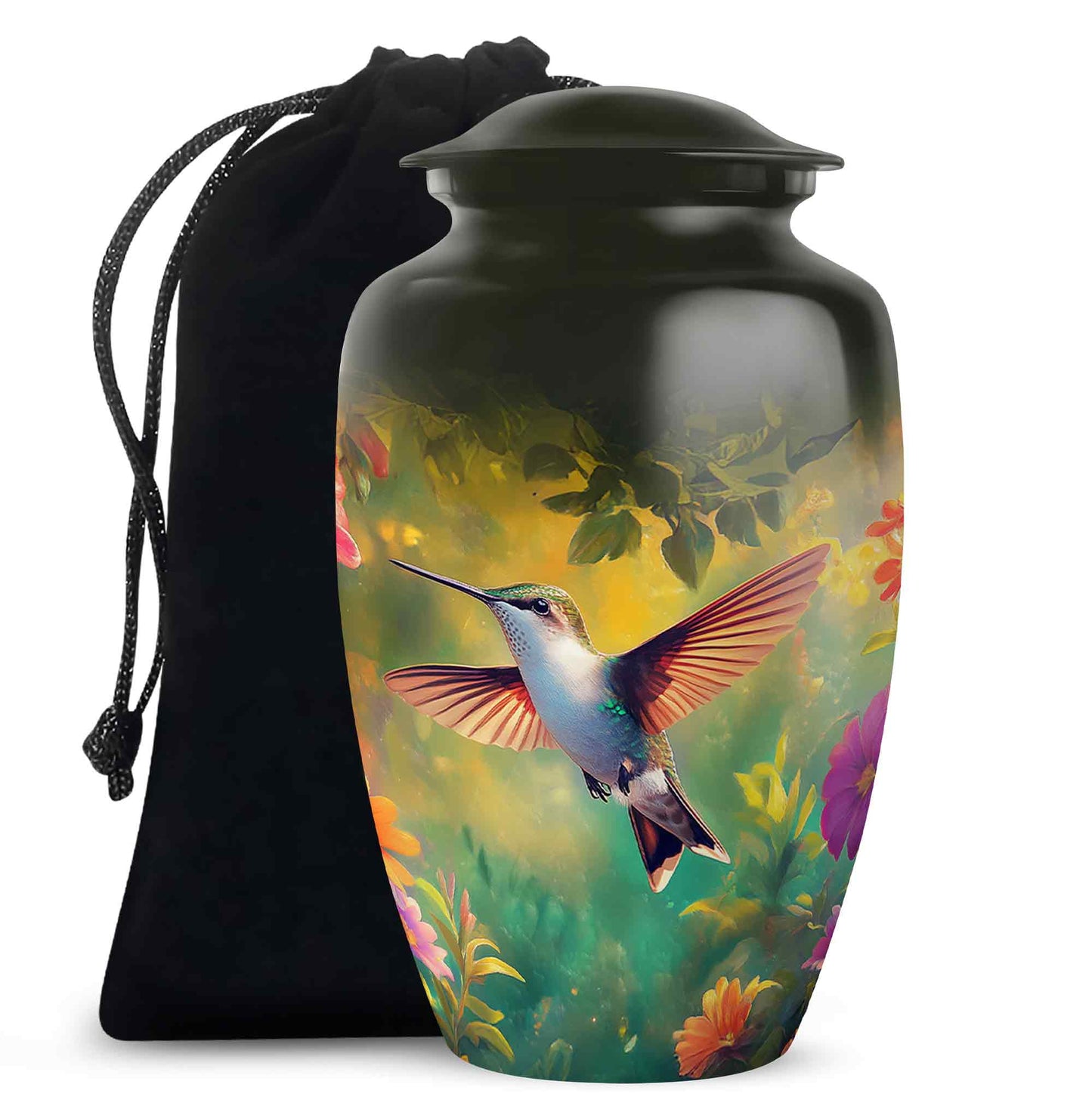Glossy Black Hummingbird Cremation Urn angled view of lid and engraved motif - timeless hummingbird motif etched into premium metal - full-size 10 inch 200 cubic inch adult cremation urn