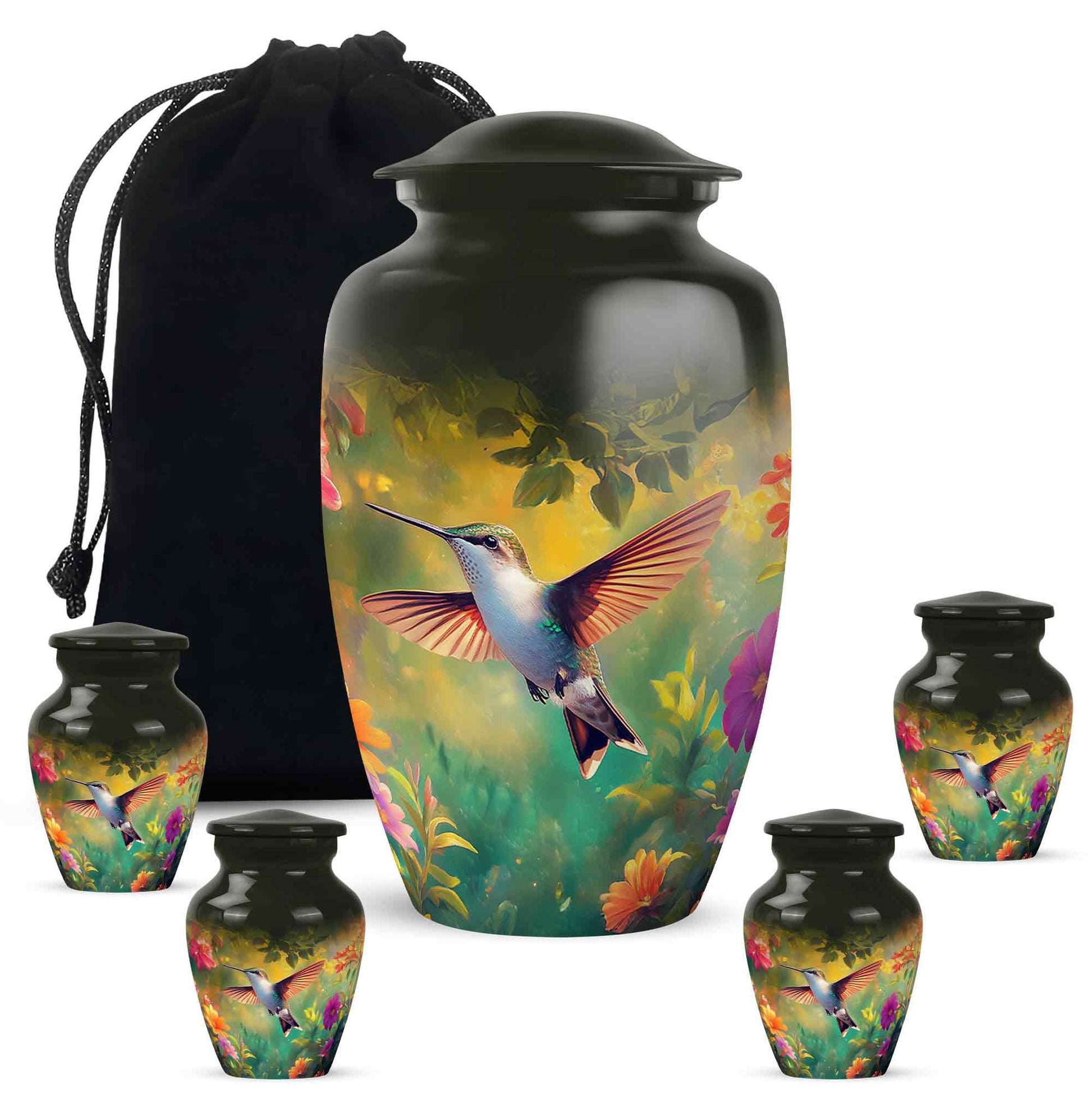 Glossy Black Hummingbird Cremation Urn top-down view of secure threaded lid - timeless hummingbird motif etched into premium metal - memorial set with one large and four small urns
