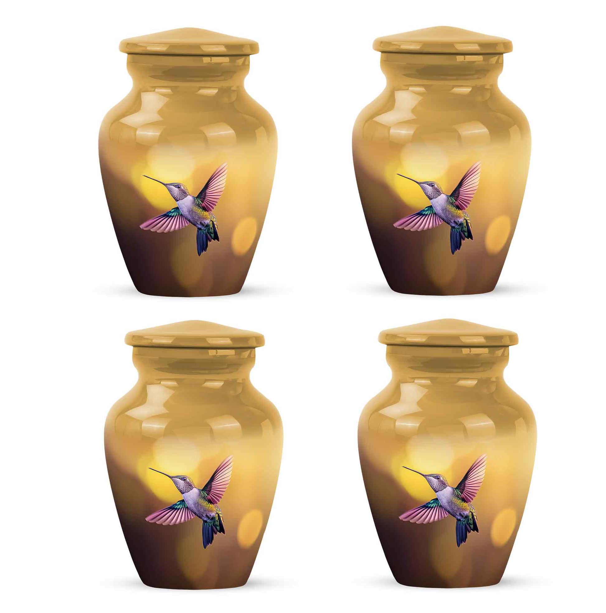Amber Gold Hummingbird Cremation Urn side profile showing urn shape - classic sculpted hummingbird pattern on smooth aluminum - 10 inch aluminum urn for cremated remains