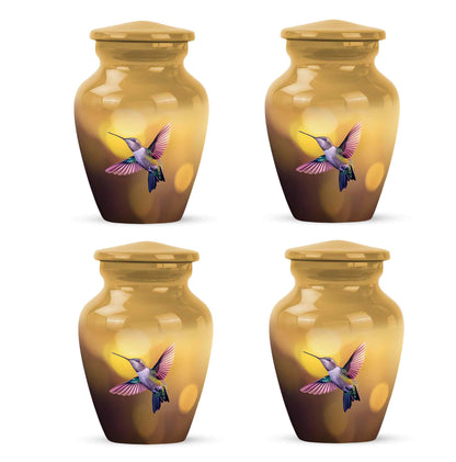 Amber Gold Hummingbird Cremation Urn side profile showing urn shape - classic sculpted hummingbird pattern on smooth aluminum - 10 inch aluminum urn for cremated remains