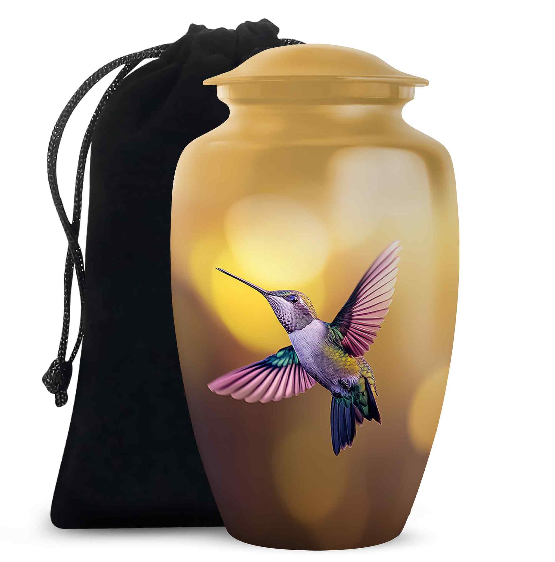Royal Gold Hummingbird Cremation Urn angled view of lid and engraved motif - elegant classic hummingbird relief with fine detailing - full-size 10 inch 200 cubic inch adult cremation urn