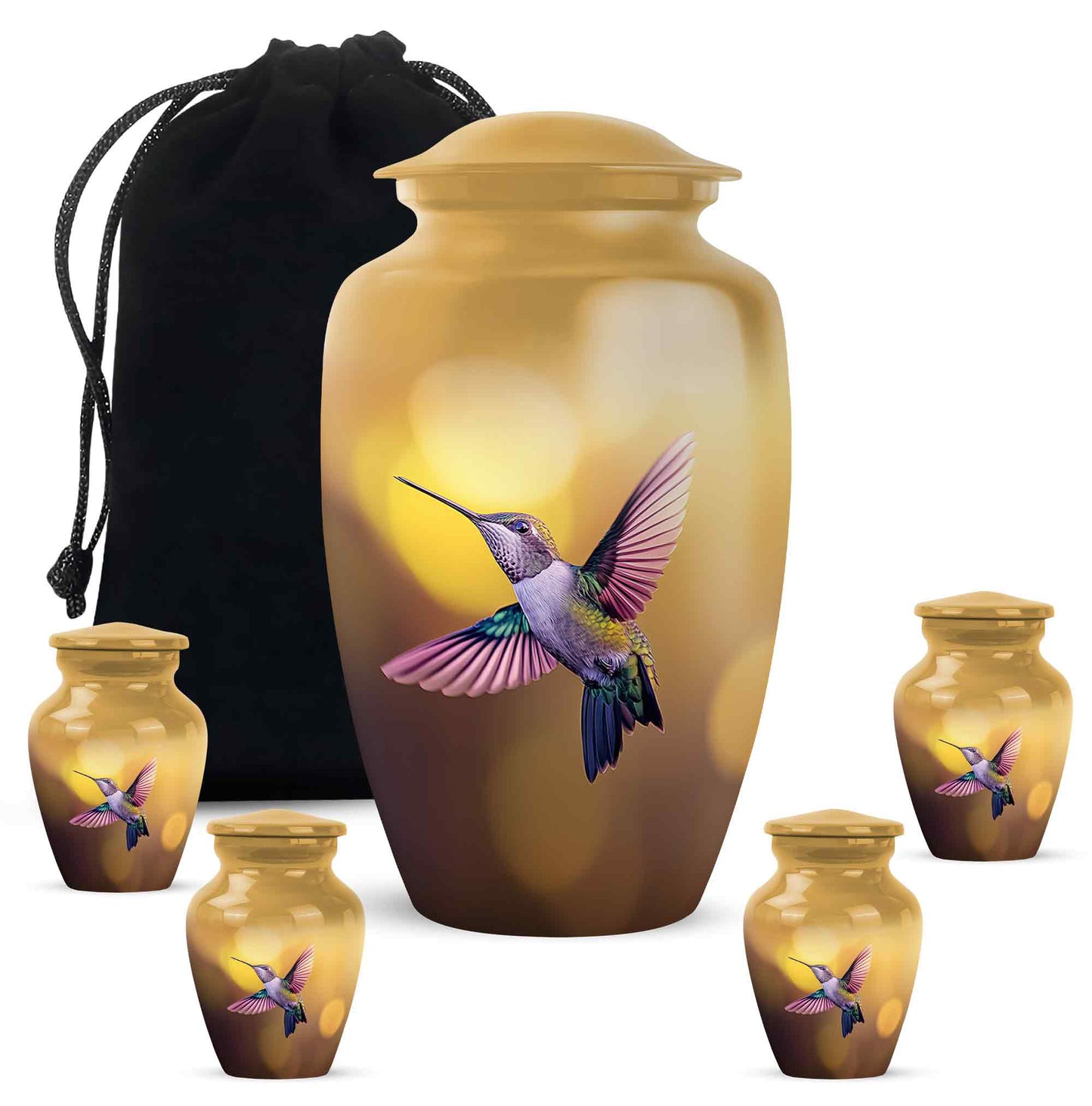 Burnished Gold Hummingbird Cremation Urn top-down view of secure threaded lid - elegant classic hummingbird relief with fine detailing - memorial set with one large and four small urns