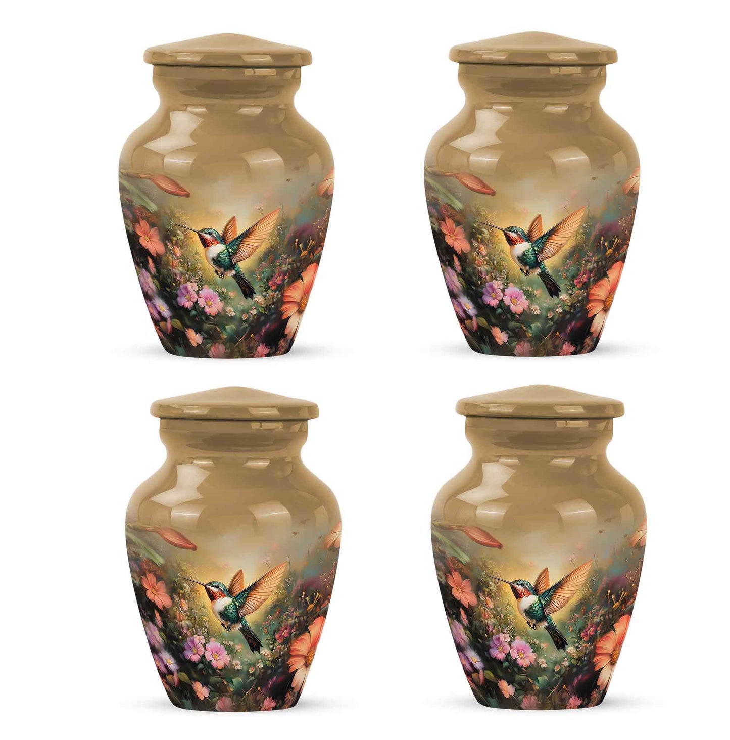 Royal Gold Hummingbird Cremation Urn side profile showing urn shape - traditional hummingbird engraving with hand-polished finish - 10 inch aluminum urn for cremated remains