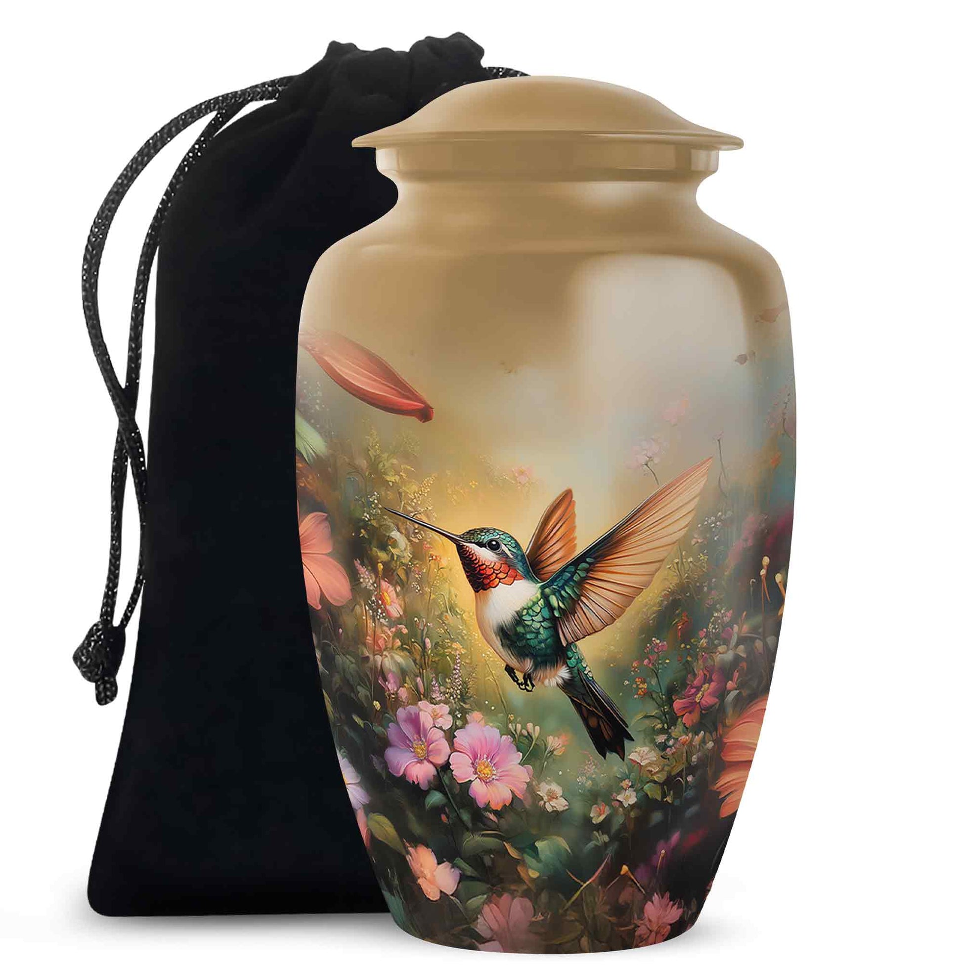 Royal Gold Hummingbird Cremation Urn angled view of lid and engraved motif - traditional hummingbird engraving with hand-polished finish - full-size 10 inch 200 cubic inch adult cremation urn