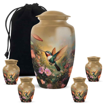 Gilded Gold Hummingbird Cremation Urn top-down view of secure threaded lid - classic sculpted hummingbird pattern on smooth aluminum - memorial set with one large and four small urns