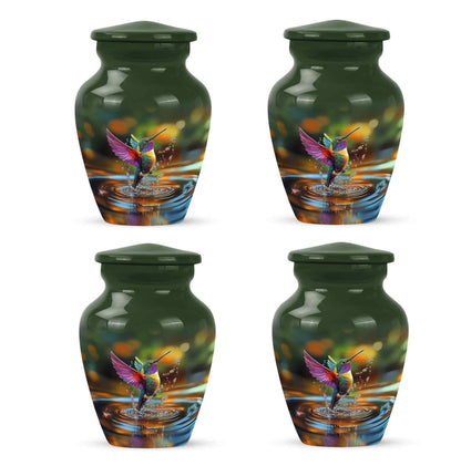 Olive Green Hummingbird Cremation Urn side profile showing urn shape - elegant classic hummingbird relief with fine detailing - 10 inch aluminum urn for cremated remains