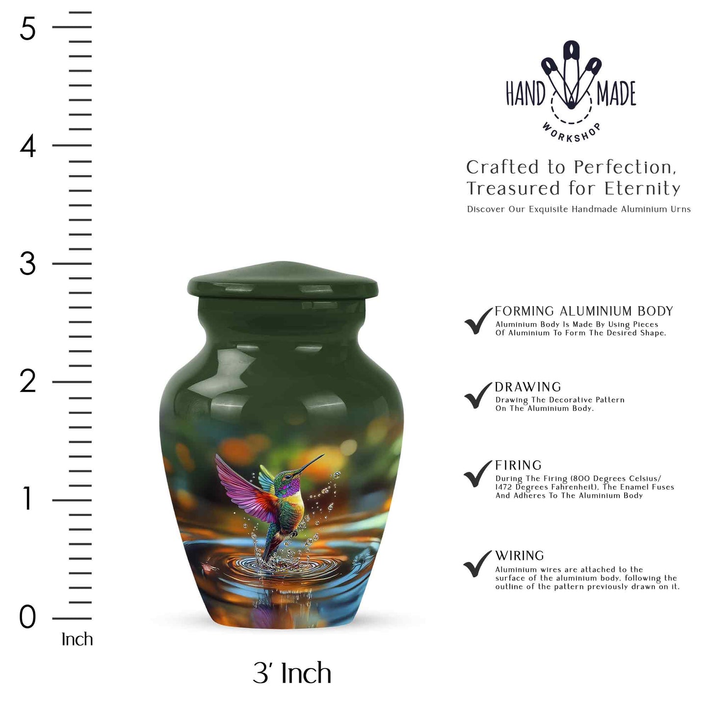 Verdant Green Hummingbird Cremation Urn close-up of engraving and surface detail - classic sculpted hummingbird pattern on smooth aluminum - mini keepsake memorial for portion of cremation ashes