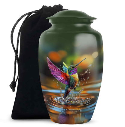 Jade Green Hummingbird Cremation Urn angled view of lid and engraved motif - timeless hummingbird motif etched into premium metal - full-size 10 inch 200 cubic inch adult cremation urn