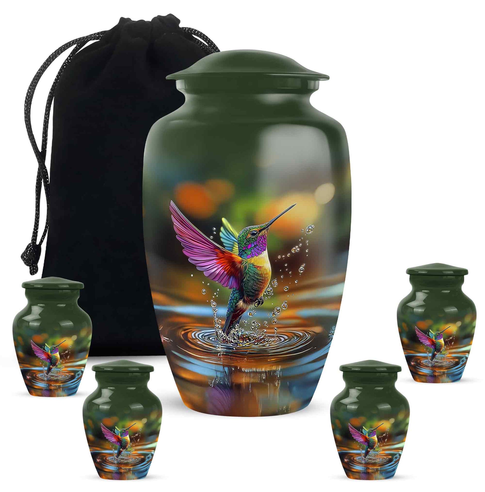 Hunter Green Hummingbird Cremation Urn top-down view of secure threaded lid - traditional hummingbird engraving with hand-polished finish - memorial set with one large and four small urns