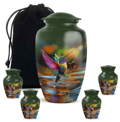 Hunter Green Hummingbird Cremation Urn top-down view of secure threaded lid - traditional hummingbird engraving with hand-polished finish - memorial set with one large and four small urns