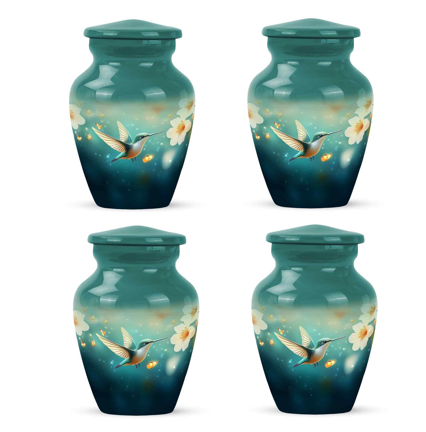 Deep Teal Hummingbird Cremation Urn side profile showing urn shape - traditional hummingbird engraving with hand-polished finish - 10 inch aluminum urn for cremated remains
