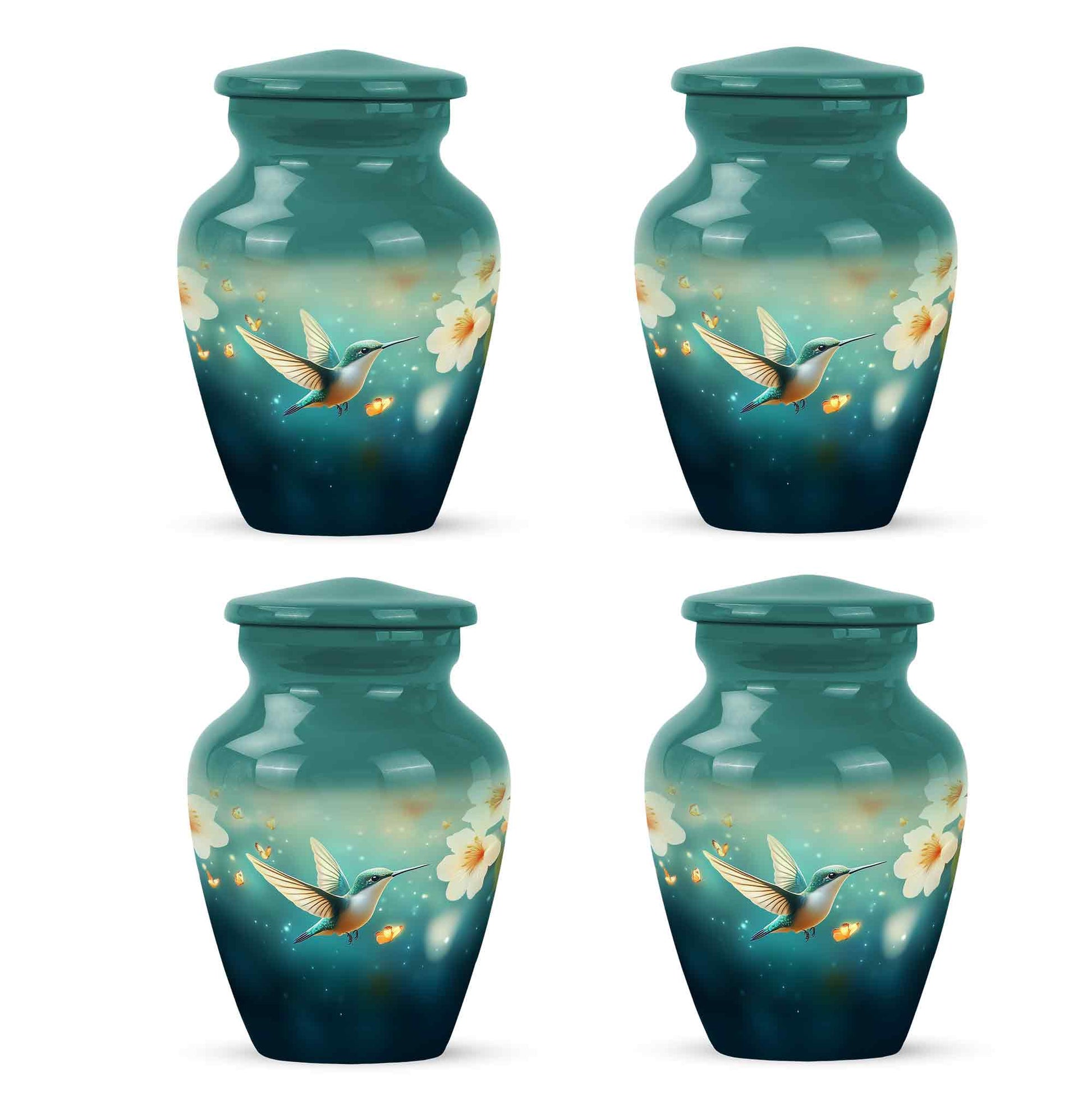 Deep Teal Hummingbird Cremation Urn side profile showing urn shape - traditional hummingbird engraving with hand-polished finish - 10 inch aluminum urn for cremated remains