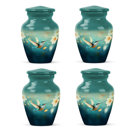 Deep Teal Hummingbird Cremation Urn side profile showing urn shape - traditional hummingbird engraving with hand-polished finish - 10 inch aluminum urn for cremated remains
