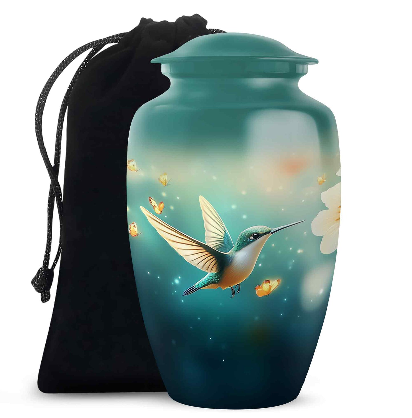 Sea Green Teal Hummingbird Cremation Urn angled view of lid and engraved motif - timeless hummingbird motif etched into premium metal - full-size 10 inch 200 cubic inch adult cremation urn